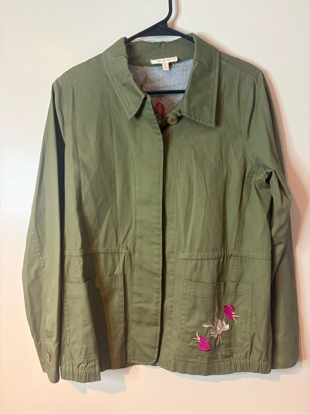 Skies Are Blue Olive Green Floral Embroidery Jacket NWOT